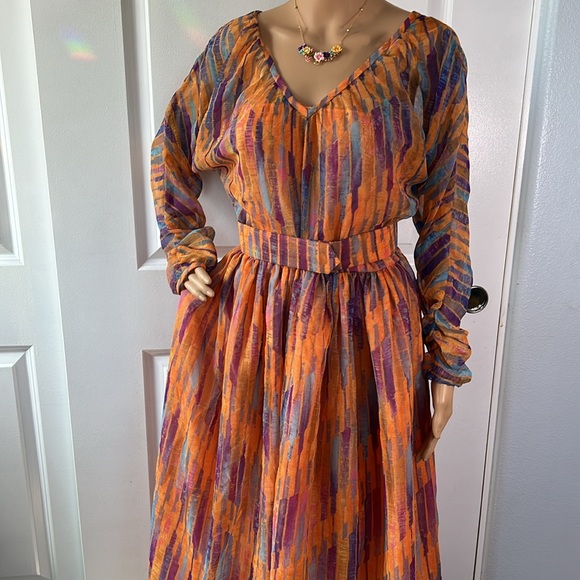 Vtg 60s 70s fabulous watercolor sheer overlay orange purple dress S - Picture 6 of 12